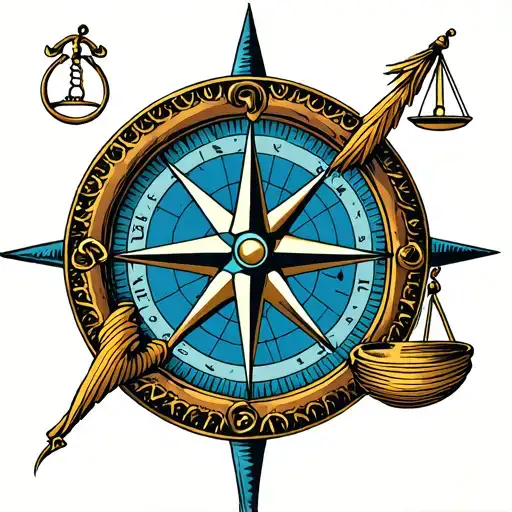 Compass Rose Intertwined With Libra Scales And Zodiac Sign