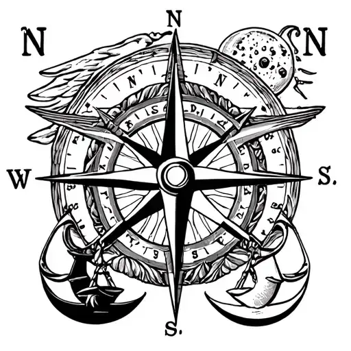 Compass Rose Intertwined With Libra Scales And Sun And Moon