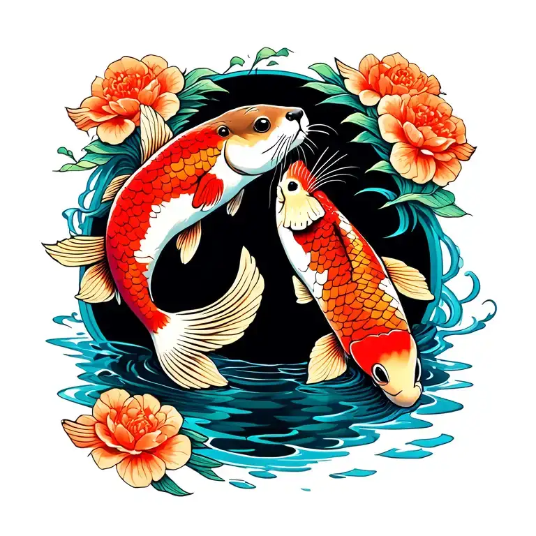 Koi Fish And An Otter Playing