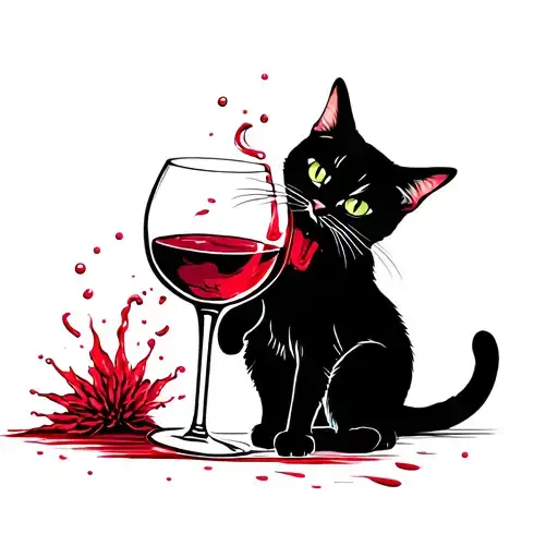 Silhouette Of Cat Knocking Down Glass Of Red Wine And Wine Tricking Down