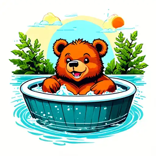 A Cute Animated Happy Bear In A Jacuzzi