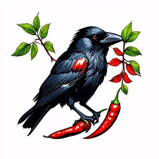 Flash Art Crow Holding A Chili Pepper Branch