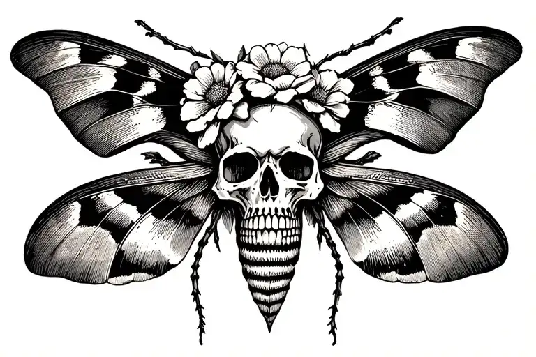 Moth With Skull And Old School Flower Blooming