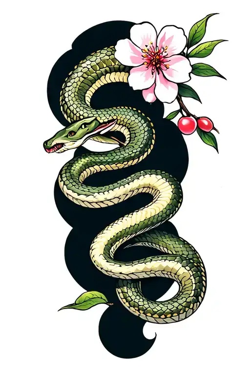 Snake Wrapped Around A Cherry Blossom Branch