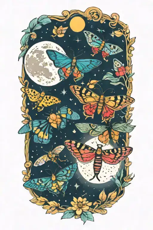Colorful Moths And Full Moon Shining