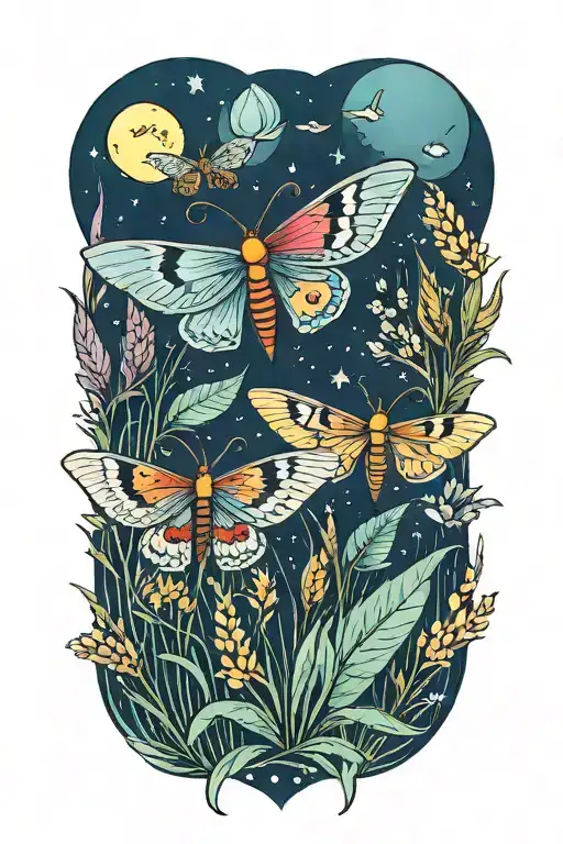 3 Colorful Moths In Front Of Grass And Full Moon Shining