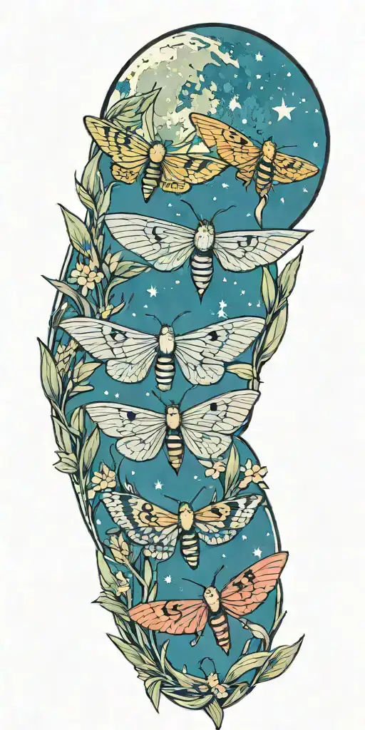 3 Colorful Moths In Front Of Grass And Full Moon Shining