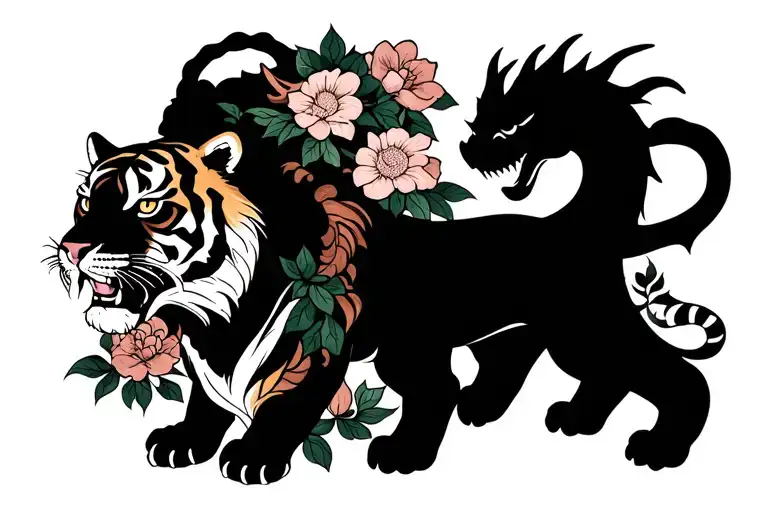A Tiger And A Dragon With Flowers