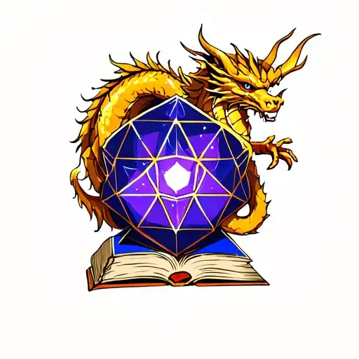 A Blue-purple Tesseract With A Golden Dragon And A Book