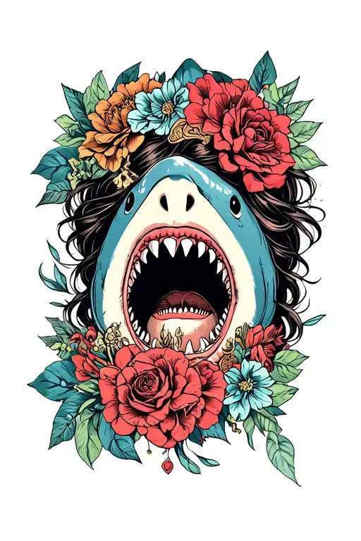 Traditional Woman Face In Shark Mouth Surrounded