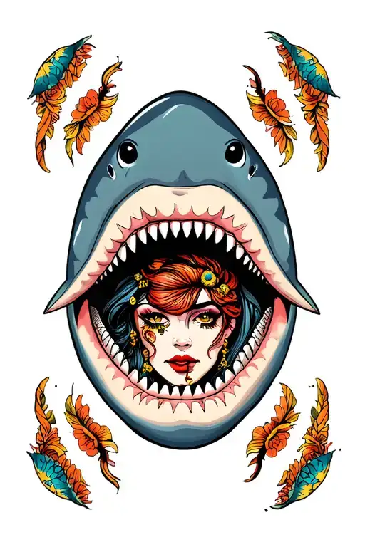 Traditional Woman Face Inside A Sharks Mouth Surrounded