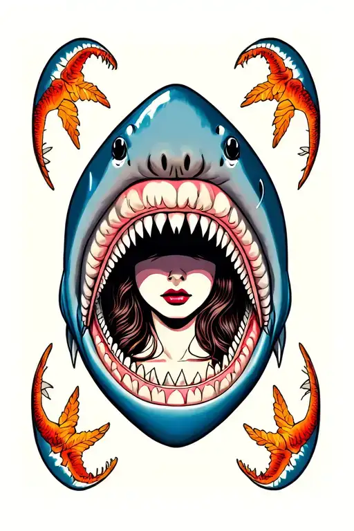 Traditional Woman Face Inside A Sharks Mouth Surrounded By Shark