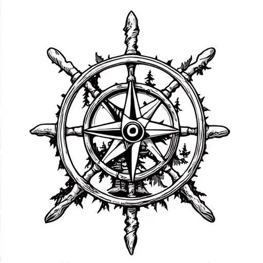 Half Broken Pirate Ship Wheel With Compass On It And Paml Trees
