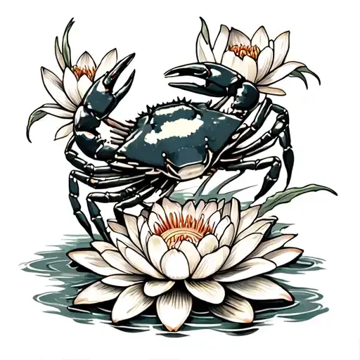 Crab On Water Lily Flowers Intertwined