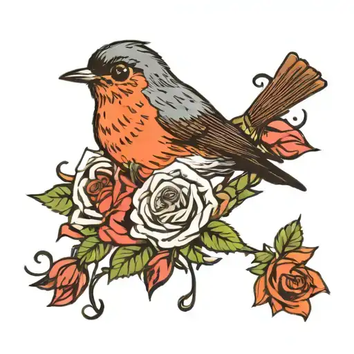 A Friendly Cute Robin Bird Sitting On Roses Surrounding