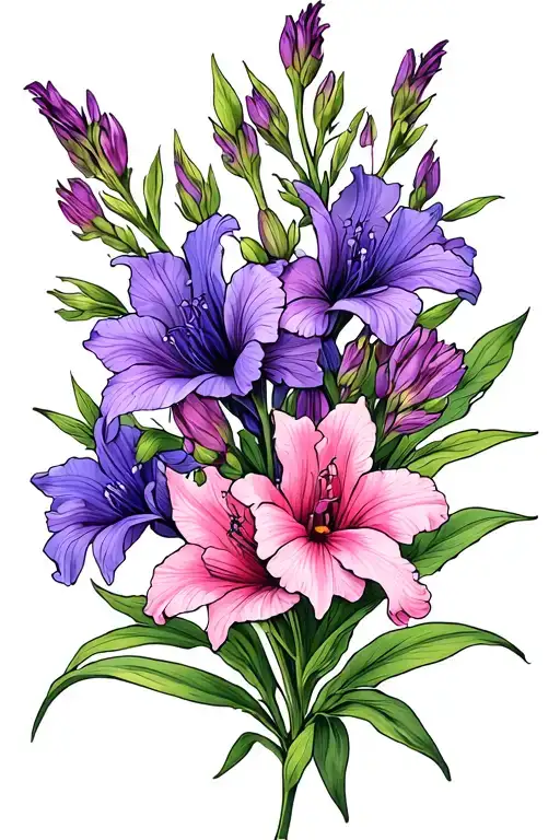 Pink Gladiolus And Purple Violet Flower Tattoo Design