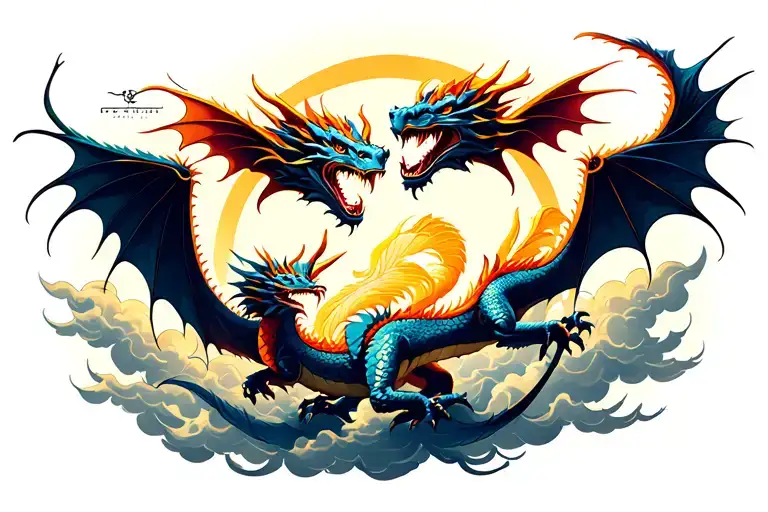 2 Simetric Dragons Flying And Clouds Surrounding On The Chest