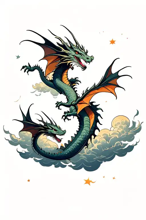 2 Simetric Dragons Flying And Clouds Surrounding On The Chest