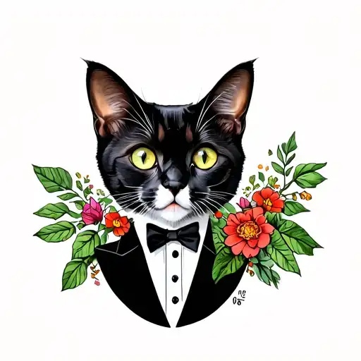 Tuxedo Cat With Plants