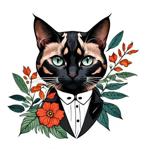 Tuxedo Patterned Cat With Plants