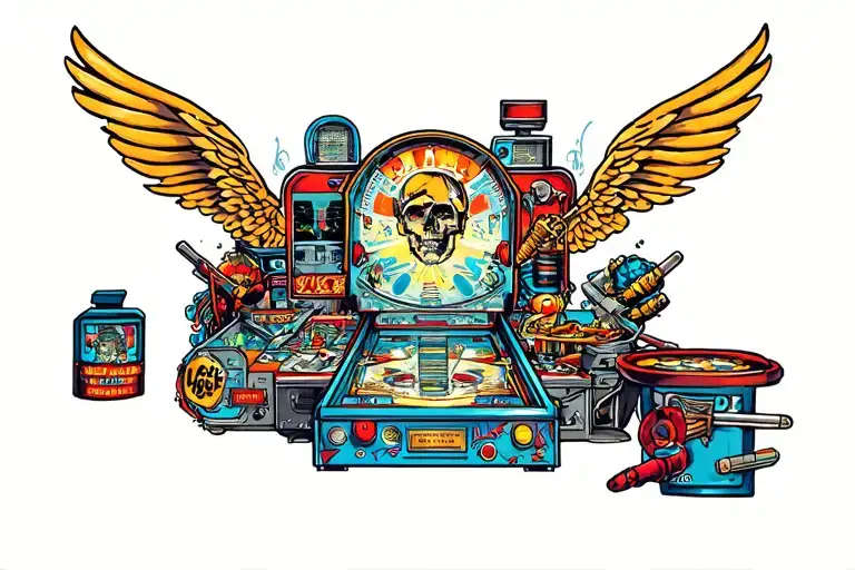 Pinball Collage Tattoo Featuring Various