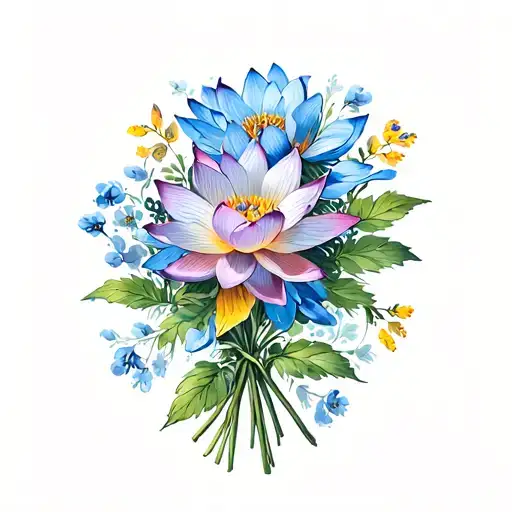 Tiny Multicolor Wildflower Bouquet With Small Blue Lotus And Chwrry Blossom