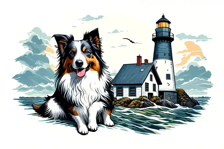 Lighthouse With Collie Dog Playing