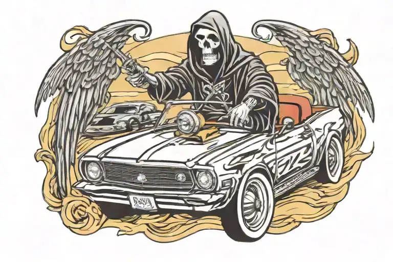 Grim Reaper Driving A Muscle Car