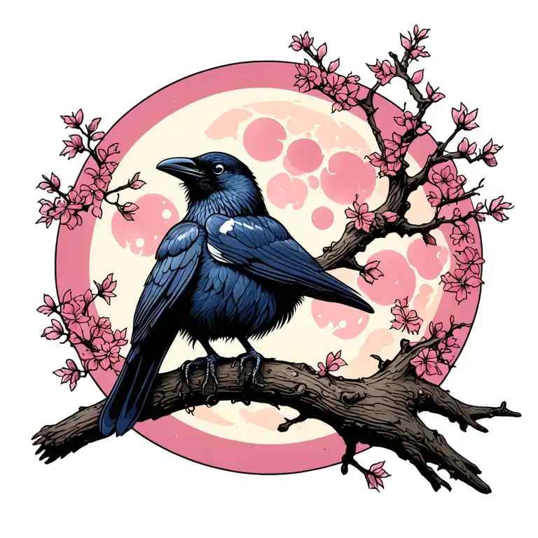 Raven Sitting On A Tree Branch With The Moon Cycles Behind It