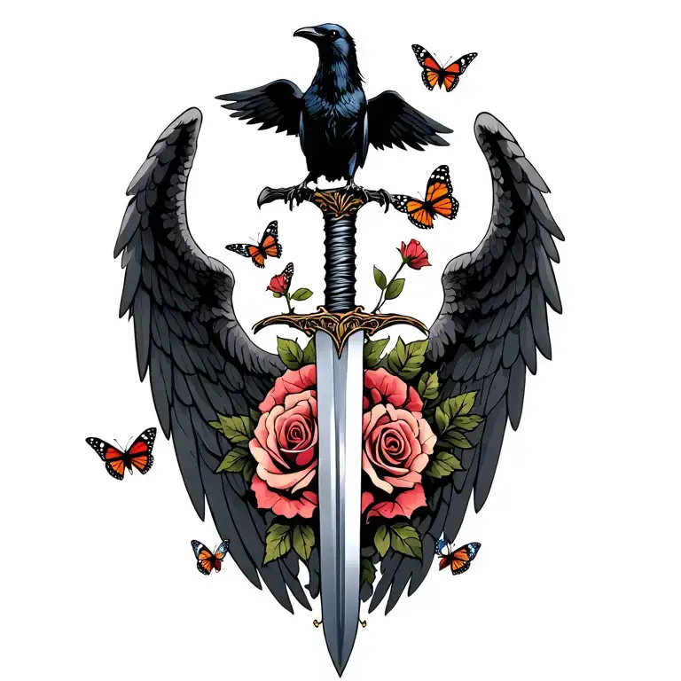 Angel Wings Behind A Sword With A Raven On Top With Roses And Monarch Butterflies