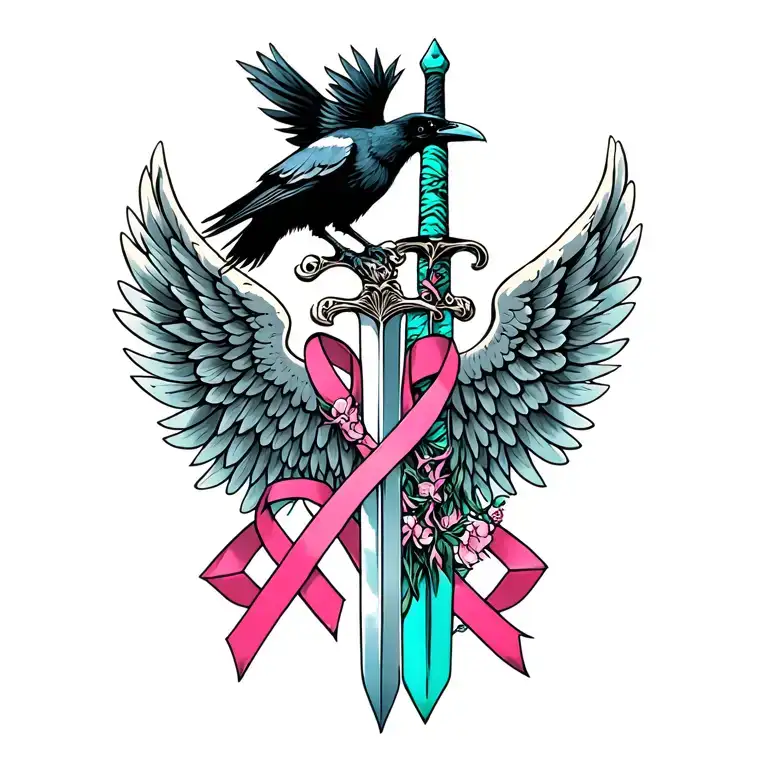 Angel Wings Behind A Sword With A Raven On Top With Pink And Teal Cancer Ribbons