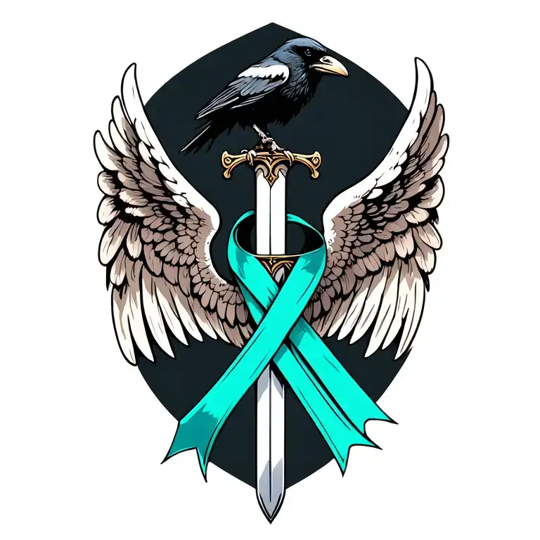 Angel Wings Behind A Sword With A Raven On Top With Teal Cancer Ribbon Wrapped Around Sword