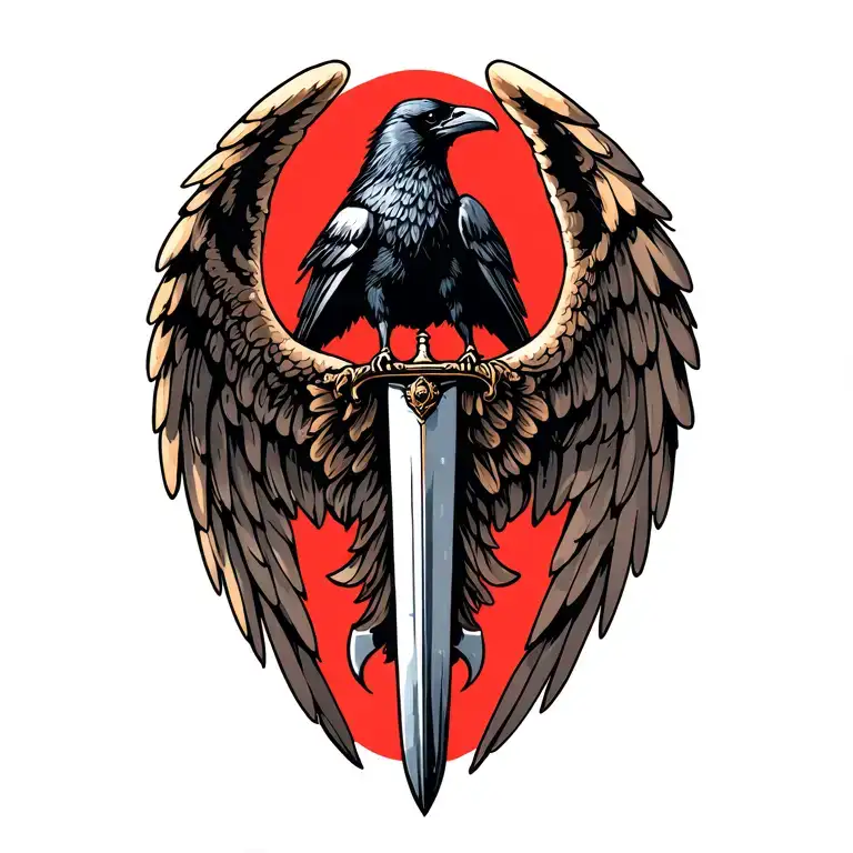 Angel Wings Behind A Sword With A Raven On Top