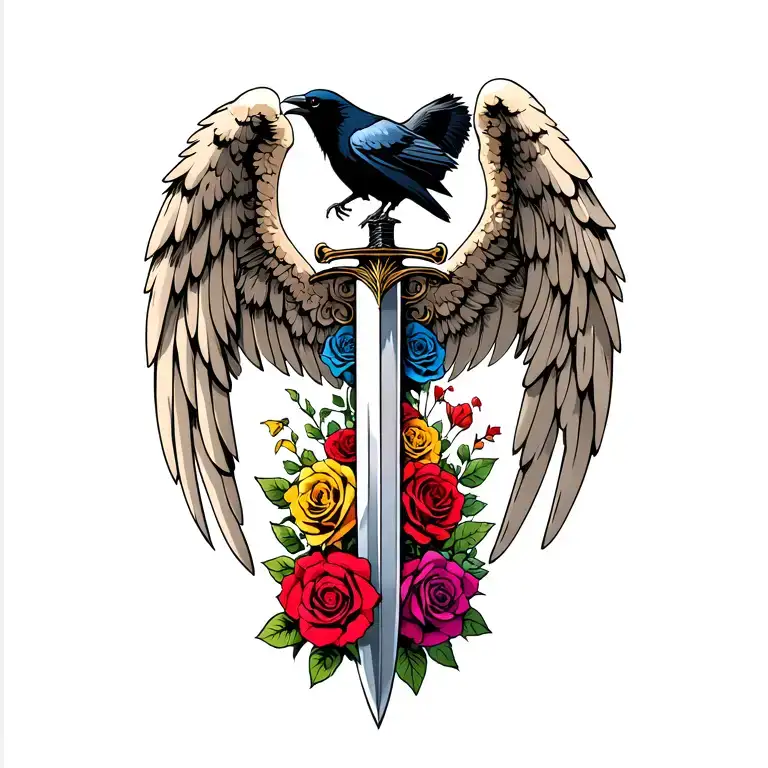Angel Wings Behind A Sword With A Raven On Top Different Colored Roses
