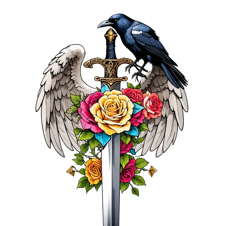 Angel Wings Behind A Sword With A Raven On Top Of The Hilt With Different Colored Roses