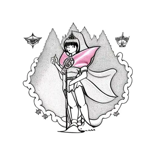 Guts From Berserk And Child Of Light's Princess Aurora Traveling Towards A Castle With A Little Boy