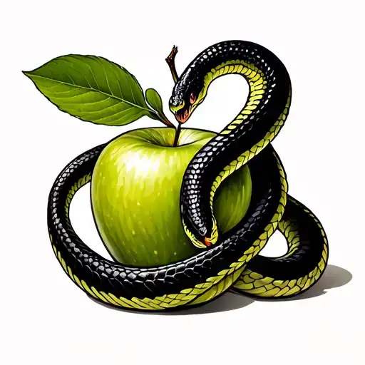 Black Snake Wound Around Dark Green Apple