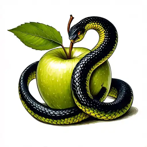 Black Snake Wound Around Dark Green Apple