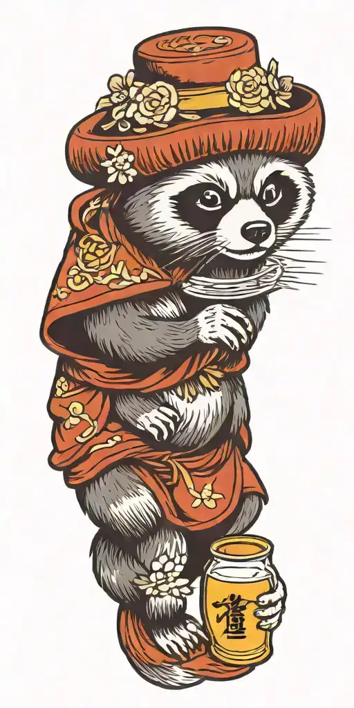 Good Fortune Tanuki With Straw Hat And Soju Cloud Background