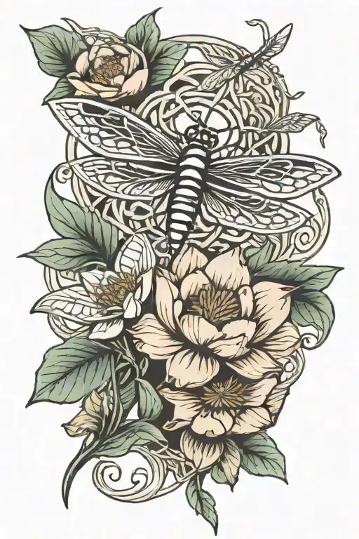 Celtic Knot Lotus Flower Dragonfly Perched