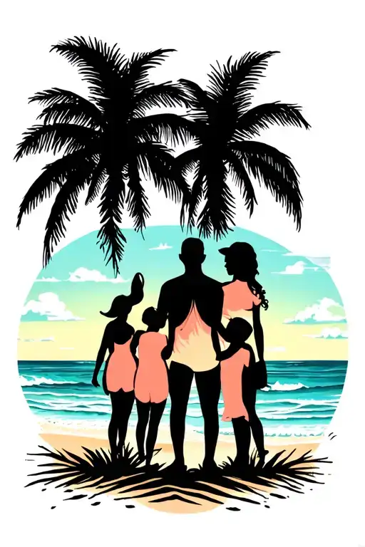 Beach With Family Silhouette