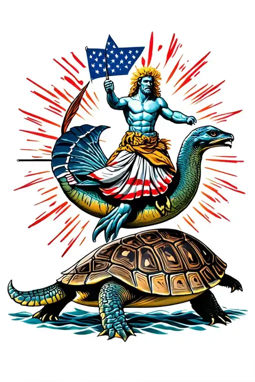 Old School Tattoo Depicting Zeus Riding On A Navy Shellback Turtle With A Star Spangled Background