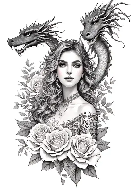 A Realistic Portrait Of A Woman Surrounded By Roses And Dragon