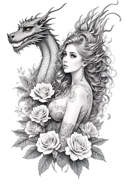 A Realistic Portrait Of A Woman Surrounded By Roses And Dragon