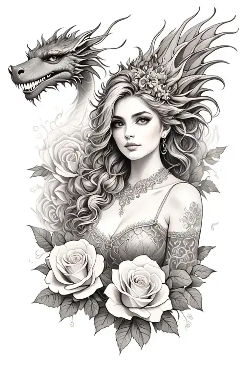 A Realistic Portrait Of A Woman Surrounded By Roses And Dragon