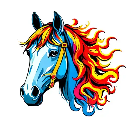 Head And Neck Of A Quarterhorse With Coloured Flames In The Manes
