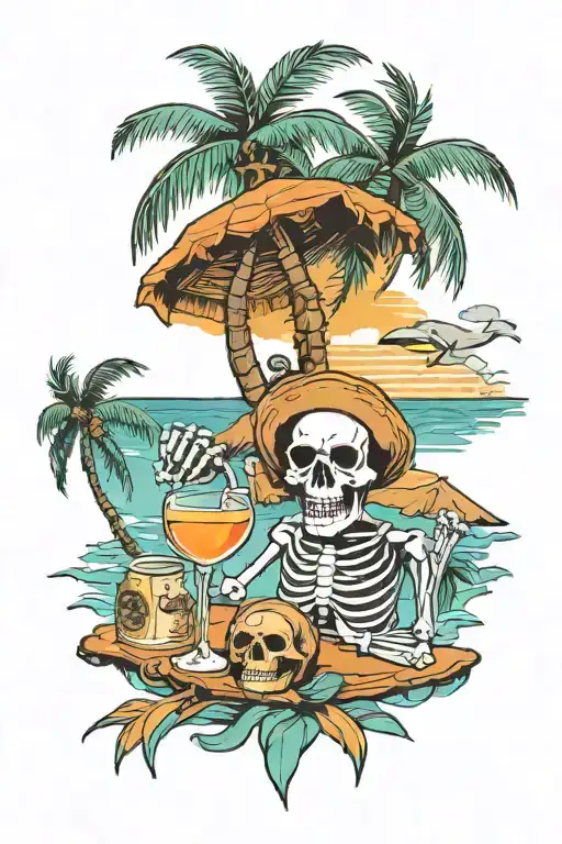 Sea With Beach And Skeleton Drinking Rum Sitting Next To The Palm Tree And Above Is Colorfur Sky
