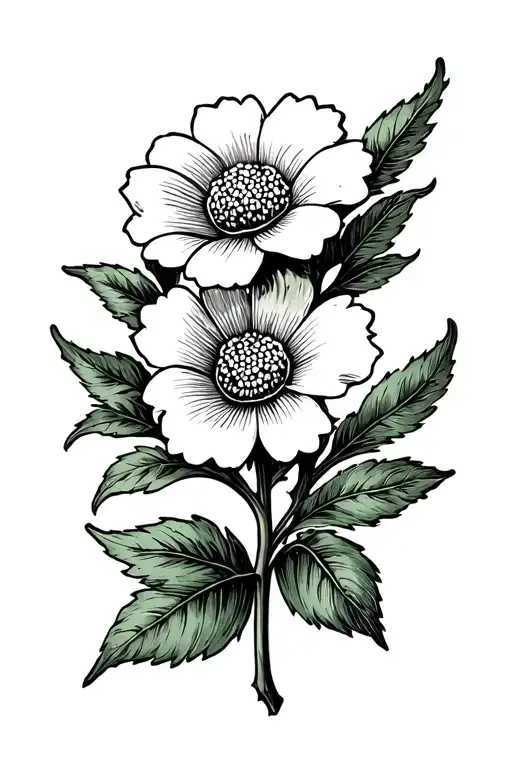 Long Traditional Style Flower On A Straight Stem With Leaves Symmetrical