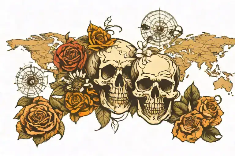 Skull Flowers And Compas And World Map