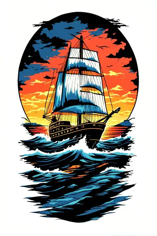 Shi Sailing Into Sunset